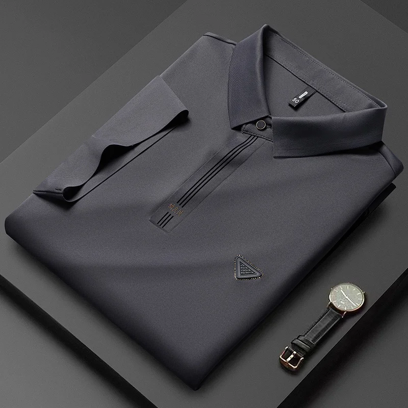 Luxury Summer Ice Silk Seamless POLO Shirts Men Business Casual T-shirts Slim Short Sleeve Social Office Turn Down Collar Tops