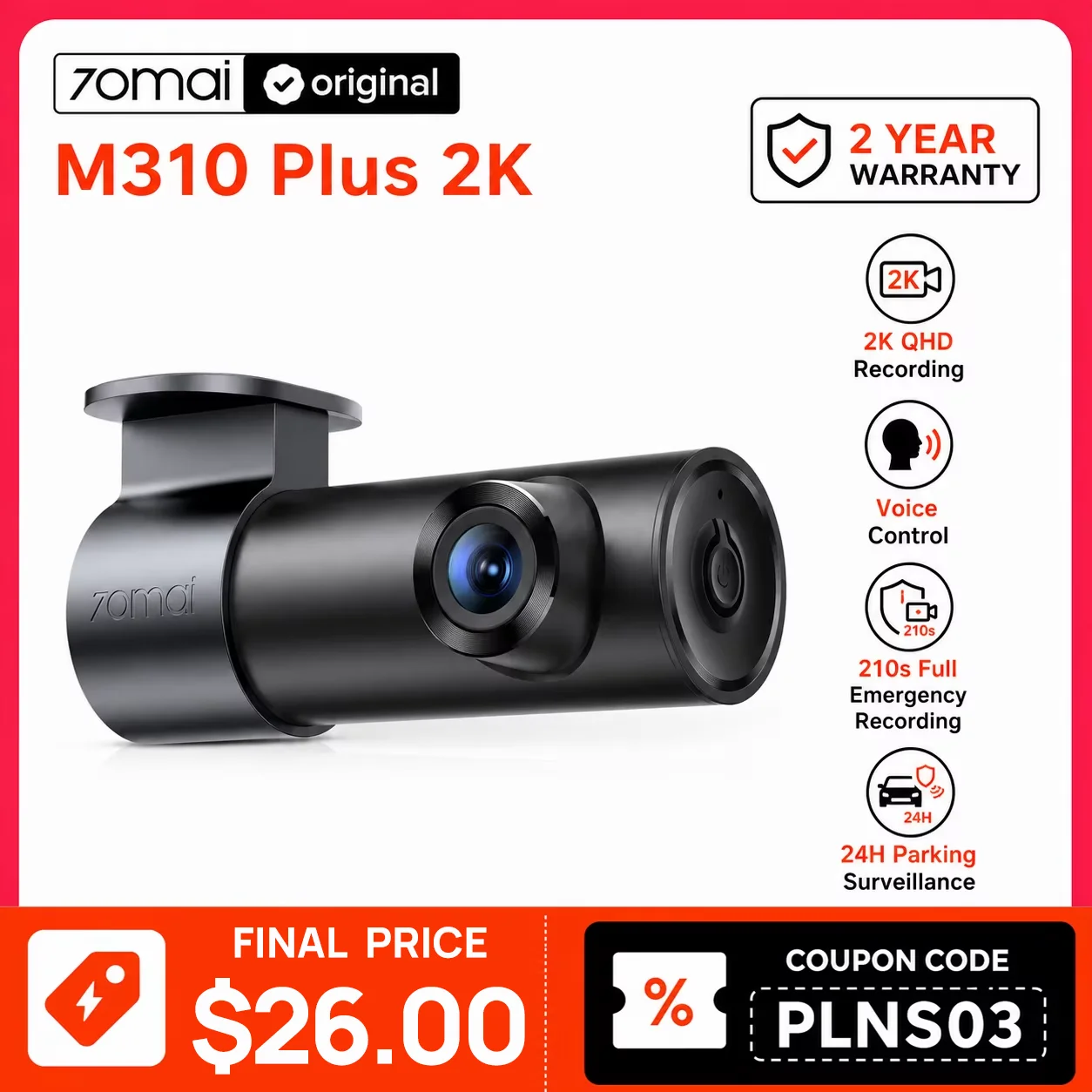 Kamera samochodowa 70mai M310 Plus 2K 1440P 143° FOV, noktowizor, inteligentne sterowanie głosowe, 24h, ochrona parkingu, Wi-Fi 4,kamera samochodowa DVR, mini, łatwa instalacja,Nagrywanie poklatkowe