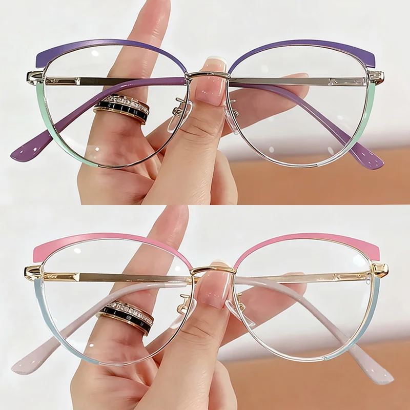 Anti-Blaulicht-Cat-Eye-Brille für Damen, modisch, dreieckig, Metallrahmen, fortschrittliche Textur + gespleißte Farben, TAC-Brillengläser