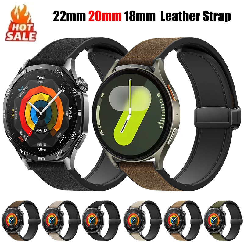 

20mm 22mm Leather Strap for Samsung Galaxy Watch 7 6 5 4 44mm 40mm Classic Magnetic Buckle for Huawei Watch GT5 4Pro 3 46mm Band