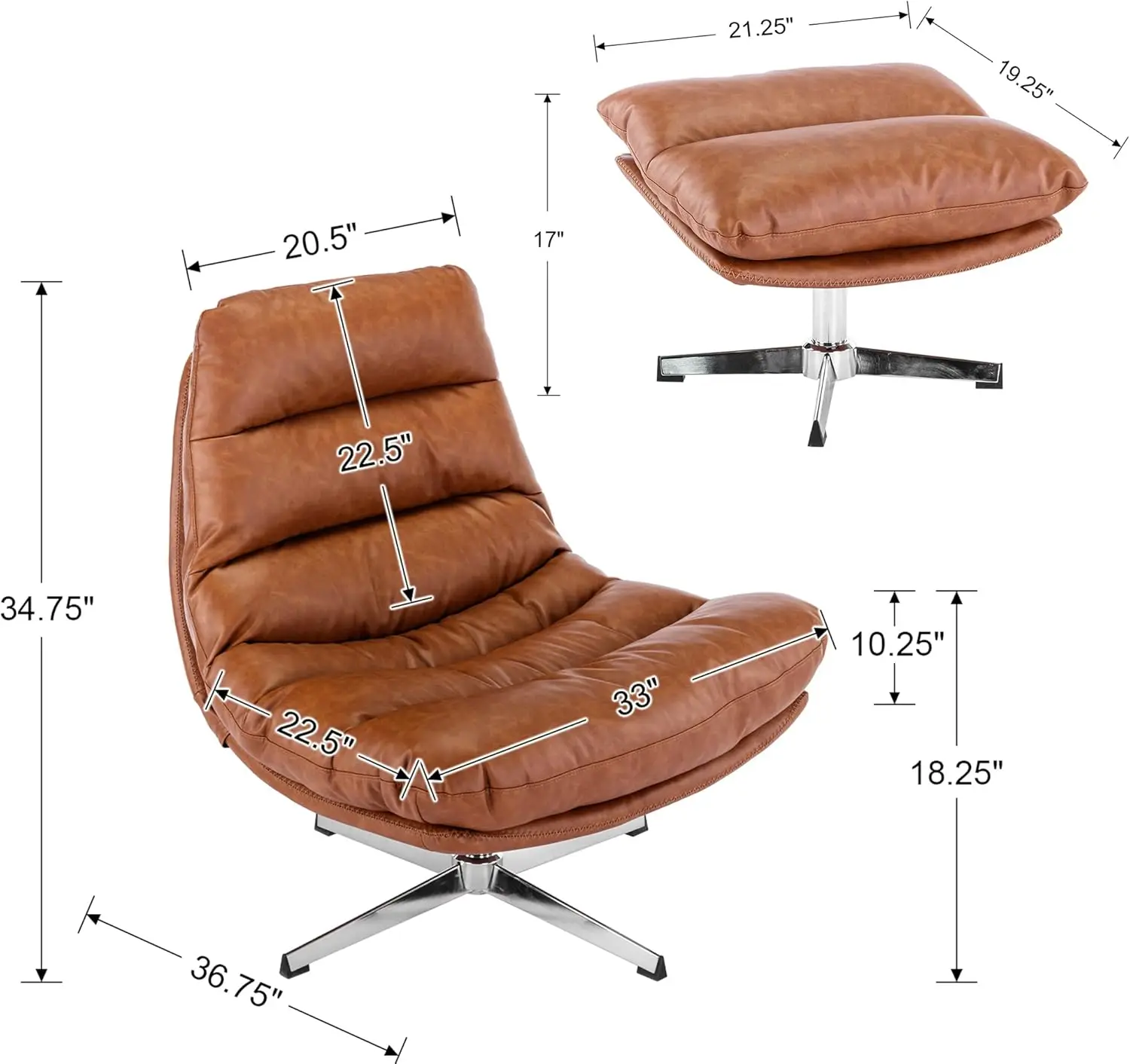 Comfy Accent Swivel Lounge Chair with Ottoman, Faux Leather Upholstered Oversized Club Chair, for Living Room/Bedroom, Brown