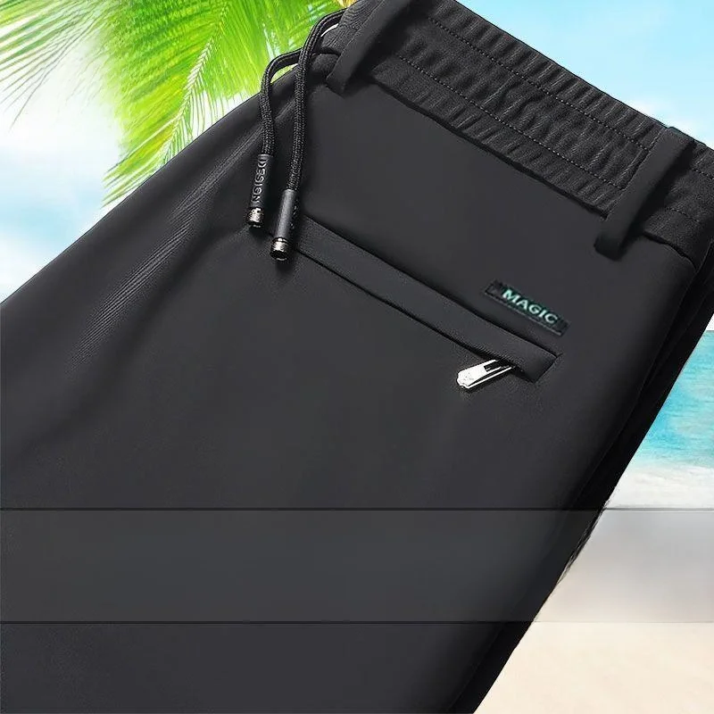 

Летние брюки из ледяного шелка с высокой талией, эластичные свободные прямые тонкие мужские повседневные брюки, дышащие удобные молодежные брюки