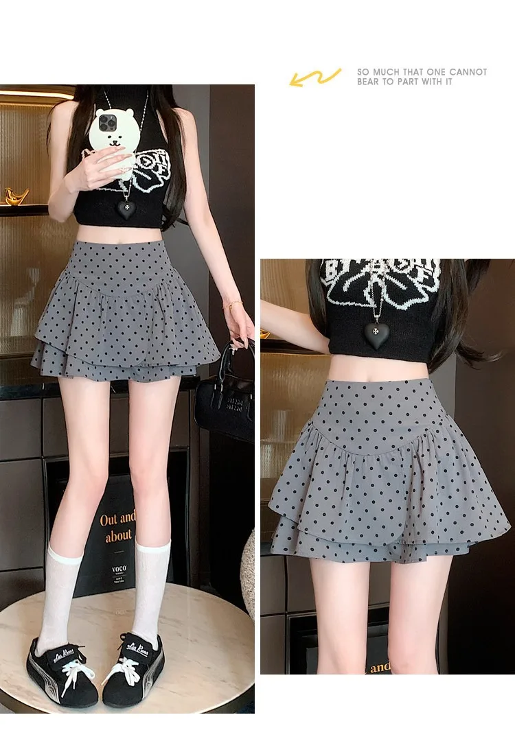 Koreanischer Stil Damen Polka Dot Minirock Hohe Taille Rüschen A-Linie Lässiger Pendler-Kurzrock mit Innenfutter – Detail 7