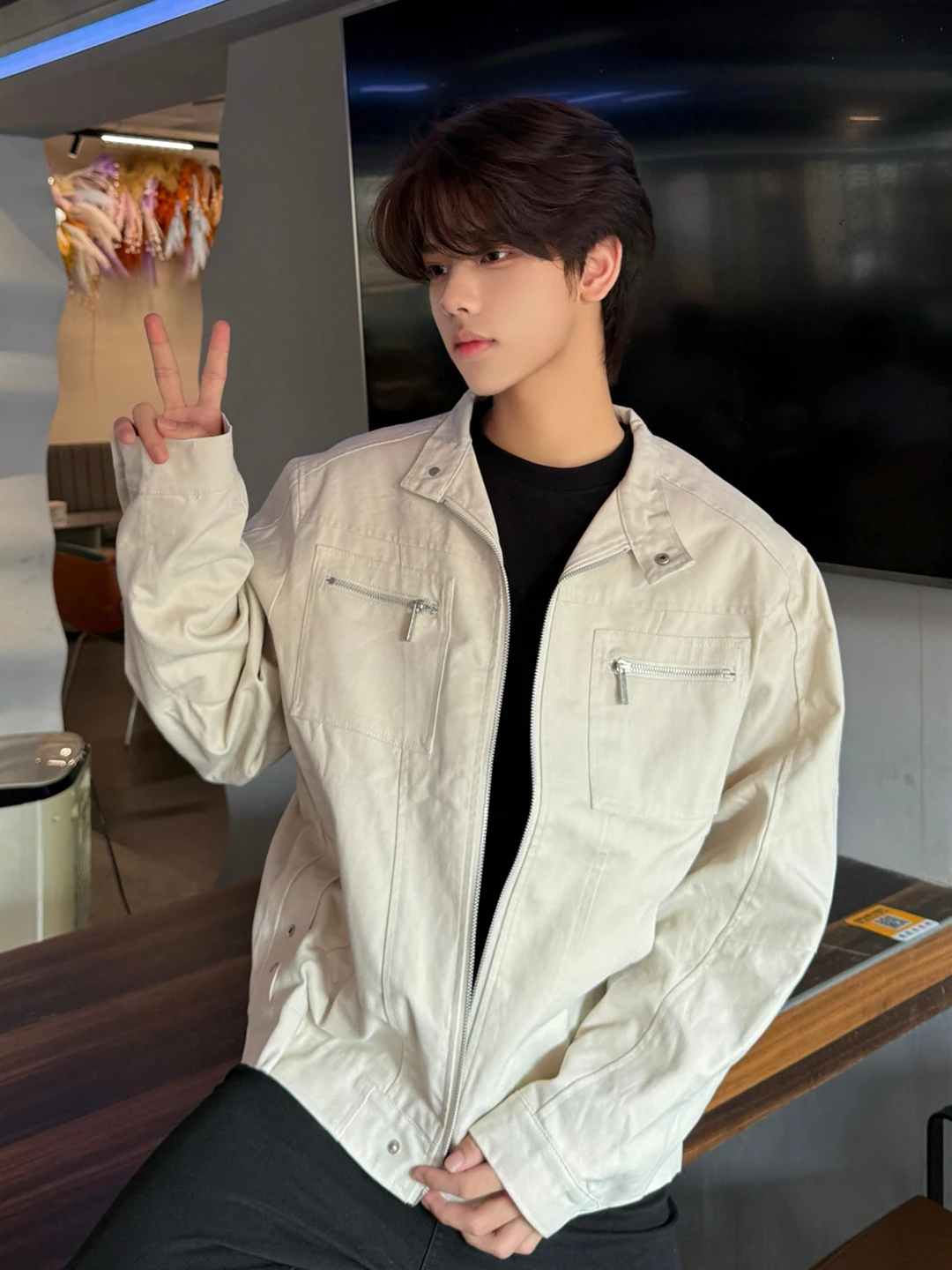 

White Waed Denim Jaet Men's Sle American Harrington Jaet Autumn Cleanfit Boys Top Outerwear Loose Fit Long Sve Zipper