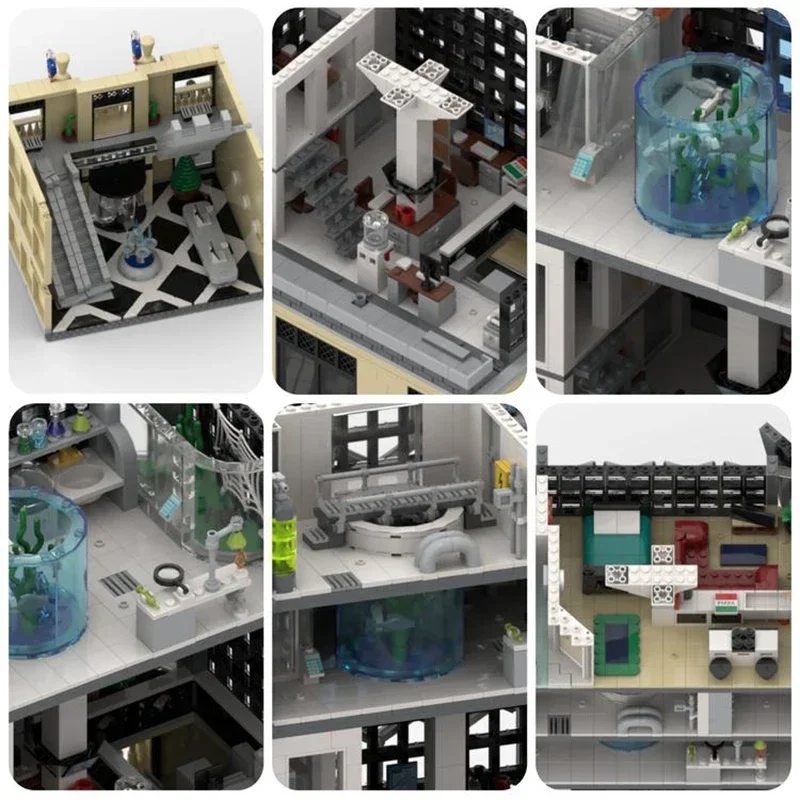 Filme aranha moc bloco de construção oscorp torre modelo tijolos técnicos diy montagem arquitetura modular vista rua brinquedo para presente