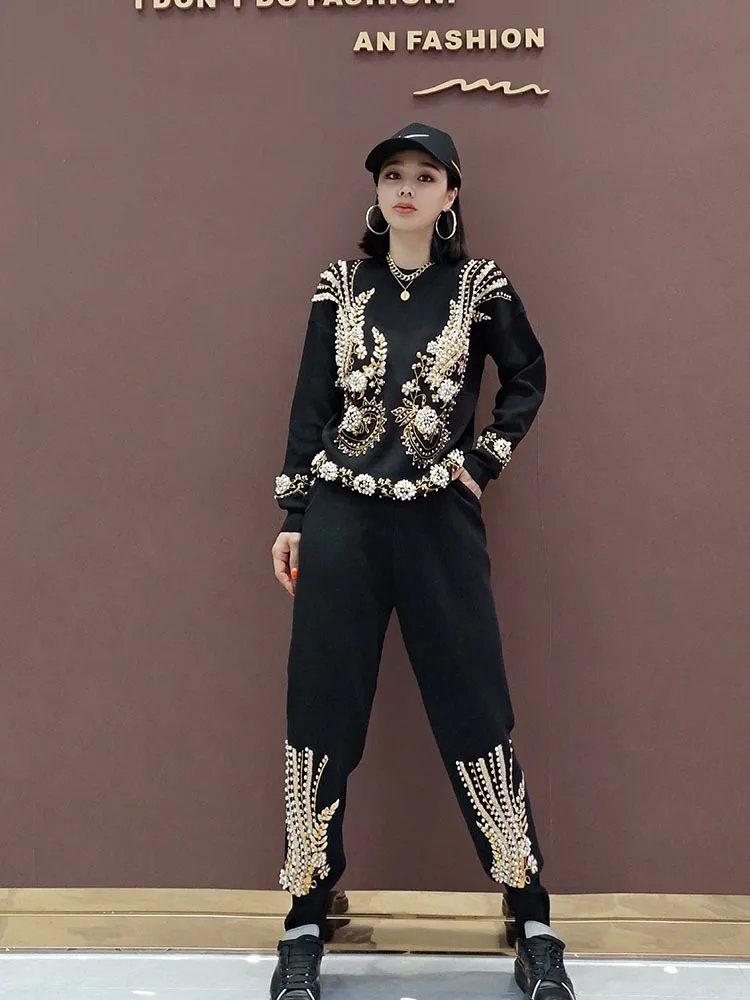 High quality sequins beading knit suits female heavy industry beading flowers long sleeve sweater + pant two pieces sets