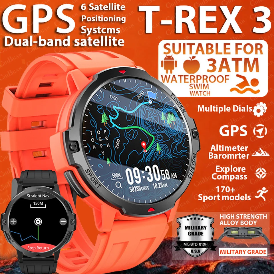 

2026 Открытый Новый T-Rex 3 Военный Класс GPS Смарт-часы Мужчины IP69K Водонепроницаемые 500 мАч Батарея HD Bluetooth Вызов 100 + Спортивные Часы
