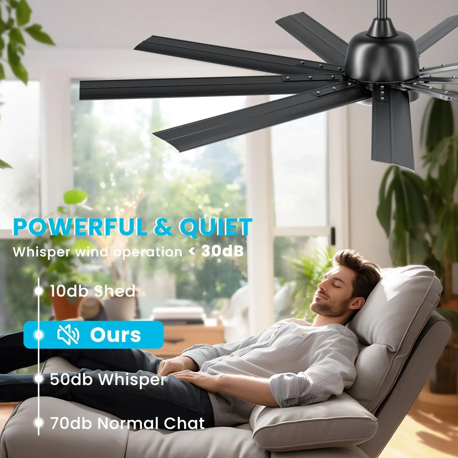 CJOY 72 inch Ceiling Fan with Light, Modern Black Ceiling Fans Remote Control, 9 Aluminium Blade, 6-Speed, Reversible DC Motor