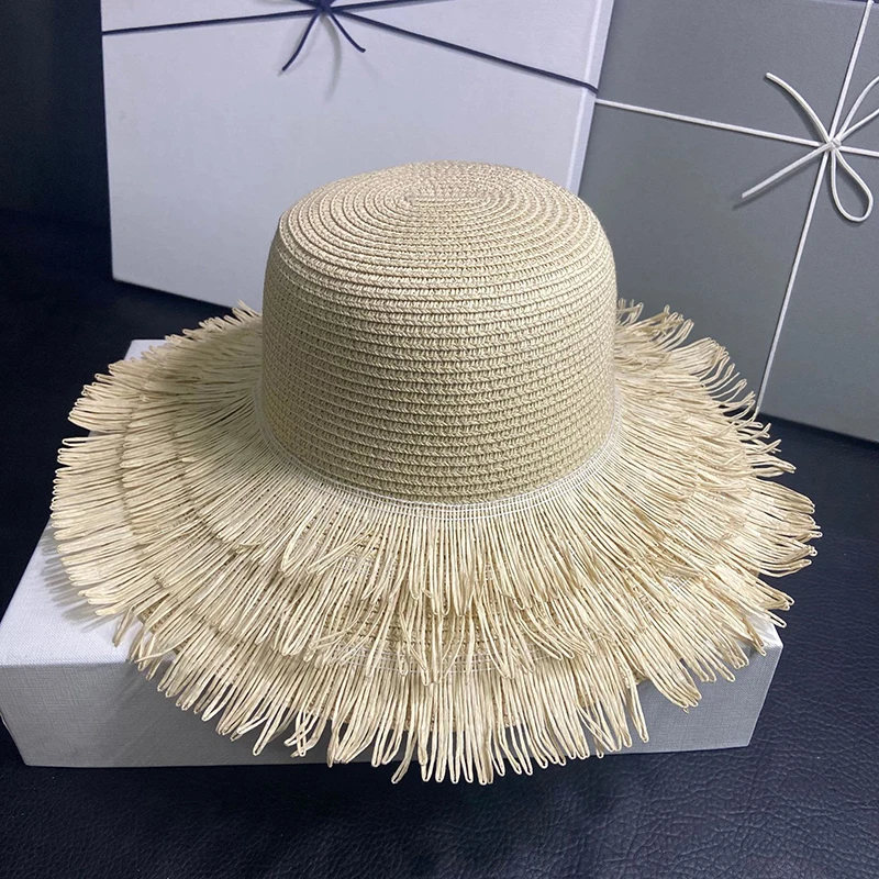 Neuer modischer Sommerhut mit breiter Krempe für Damen, Strohhut mit Quasten, Sonnenhut, Strandhut, Sonnenschutz, Jazzhut, Bucket Hat – Detail 4