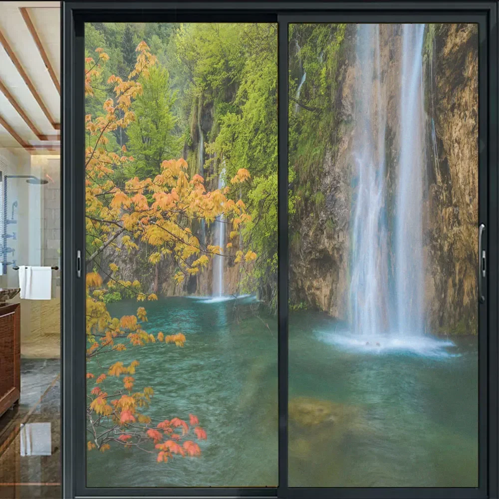 Privacy Glass Window Film Landscape Waterfall Pattern Frosted Glass Door Stained Film Anti UV  Static Cling Glass Window Film