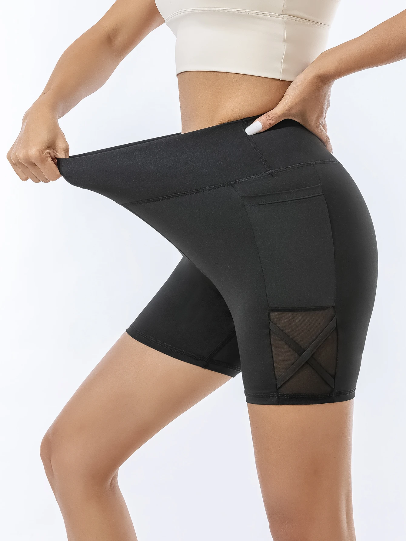 Side pocket mesh cross-fit shorts yoga exercise speed-dry running gym pants