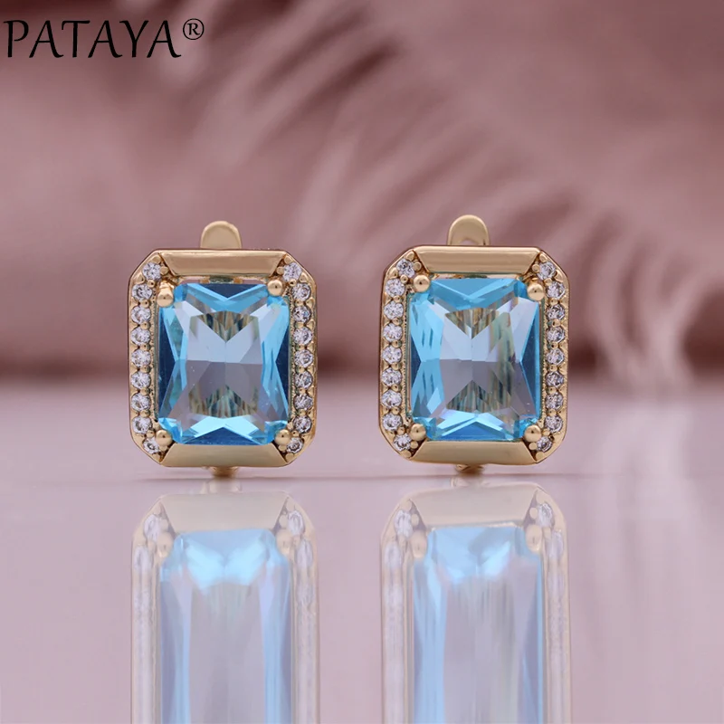 PATAYA New 585 Rose Gold Color Square Earring for Women Fashion Blue Natural Zircon Accessories High Quality Daily Jewelry