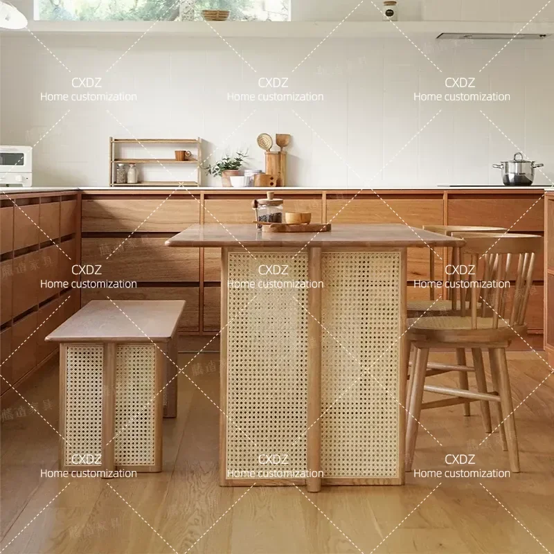 Solid Wood Dining Table Set Nordic Japanese Style Rattan Rectangular Table and Chairs Modern Red Oak Furniture for Small