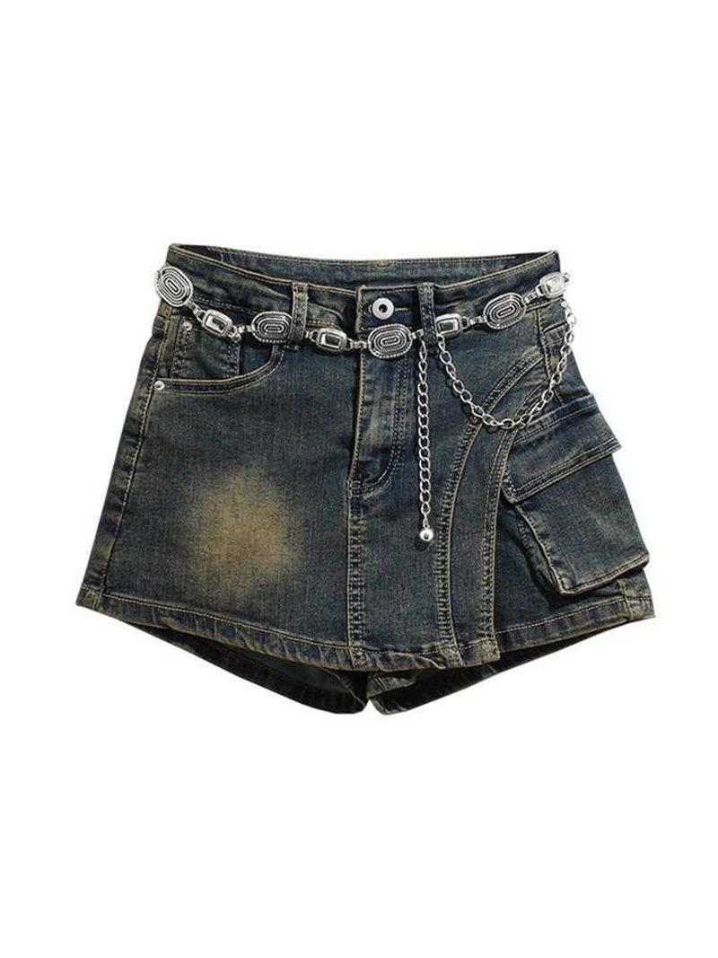 

Женская летняя винтажная джинсовая юбка-шорты 2026 года с эффектом потертости, высокой талией, декором в виде цепочки, карманами-карго, повседневная, в стиле «хит-девушка», уличная мода, мини-юбка