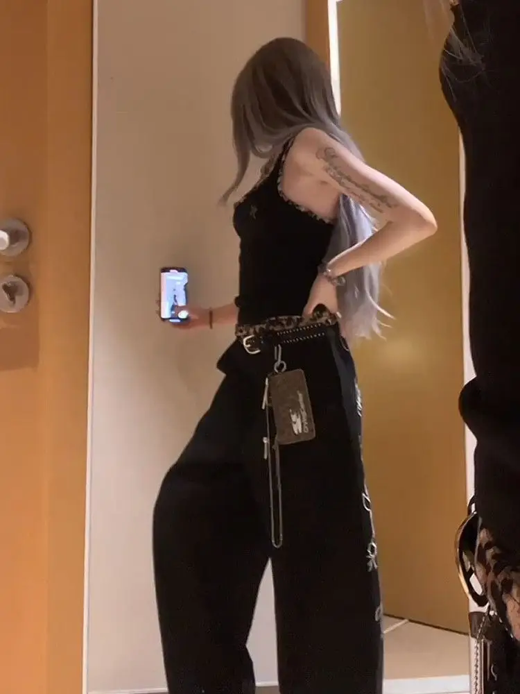 

Ezgaga женские джинсовые джинсы сексуальные буквы цветы вышивка свободные широкие длинные брюки с высокой талией уличная одежда женские винтажные джоггеры