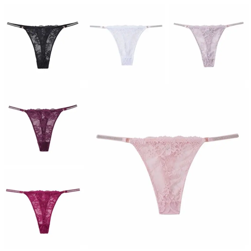 

Sweet Zircon Crystal Lace Flower Panties Transparent Underpants Women's Briefs Solid Color G-String Rhinestone Belt Thong Women