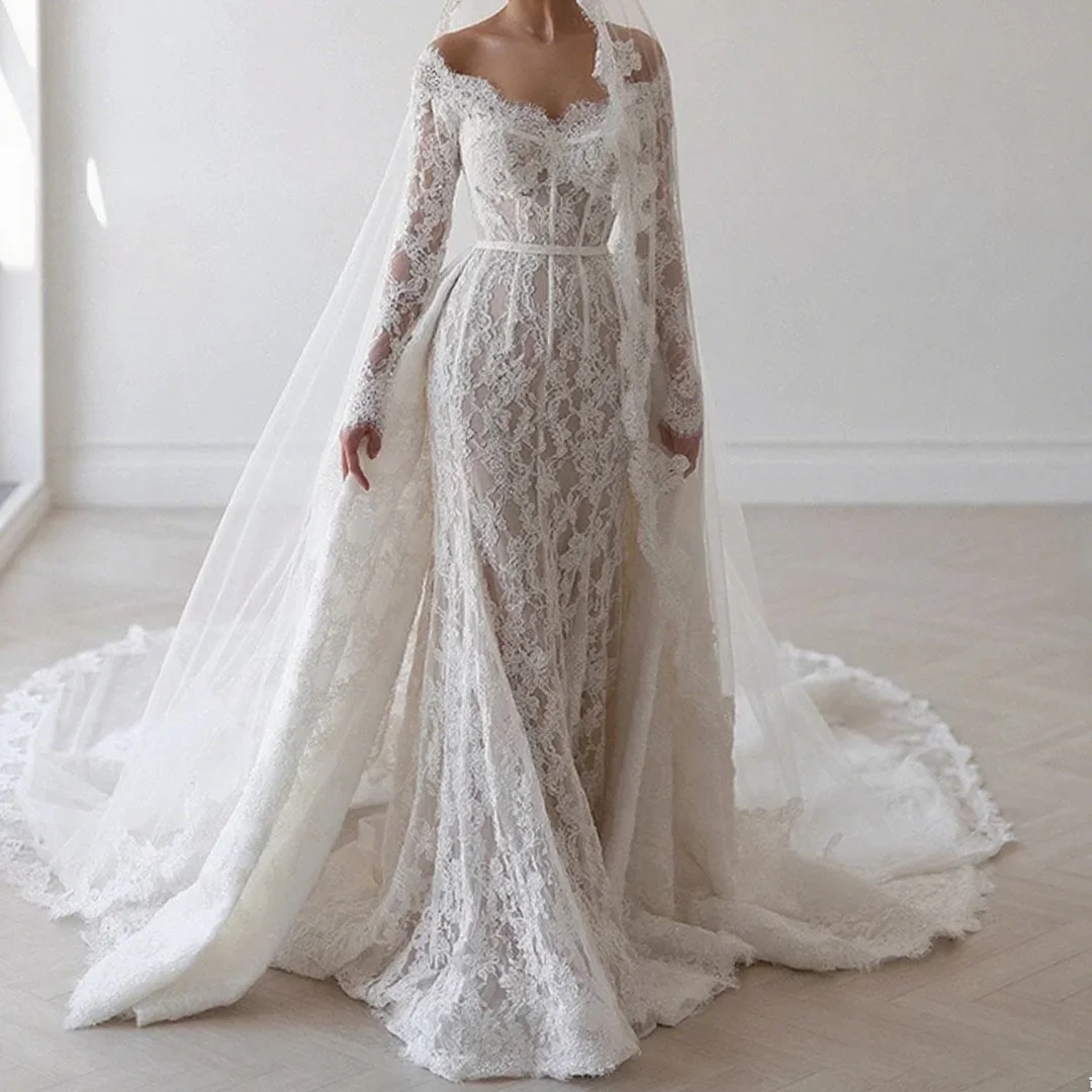 

Elegant Off The Shoulder Long Sleeve Lace Bridal Dress Mermaid Wedding Dresses Formal Wedding Ball Prom Gown Customized