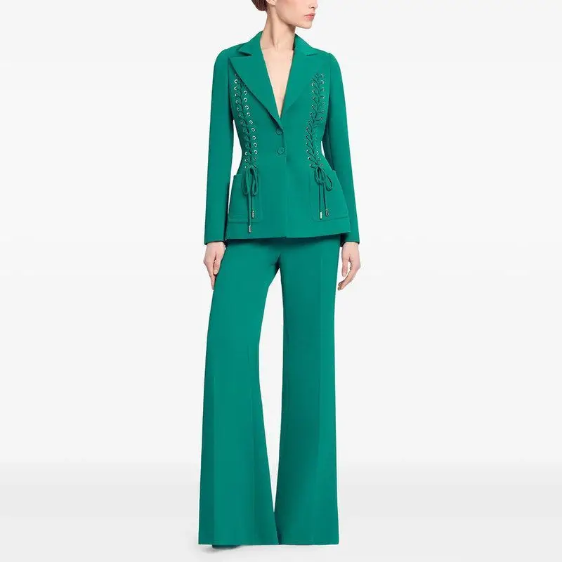 

Star Fashion 2026 Slim Fit Suit Jacket And Pants Set with Drawstring High Waist Long Trousers Two Piece Set for Women