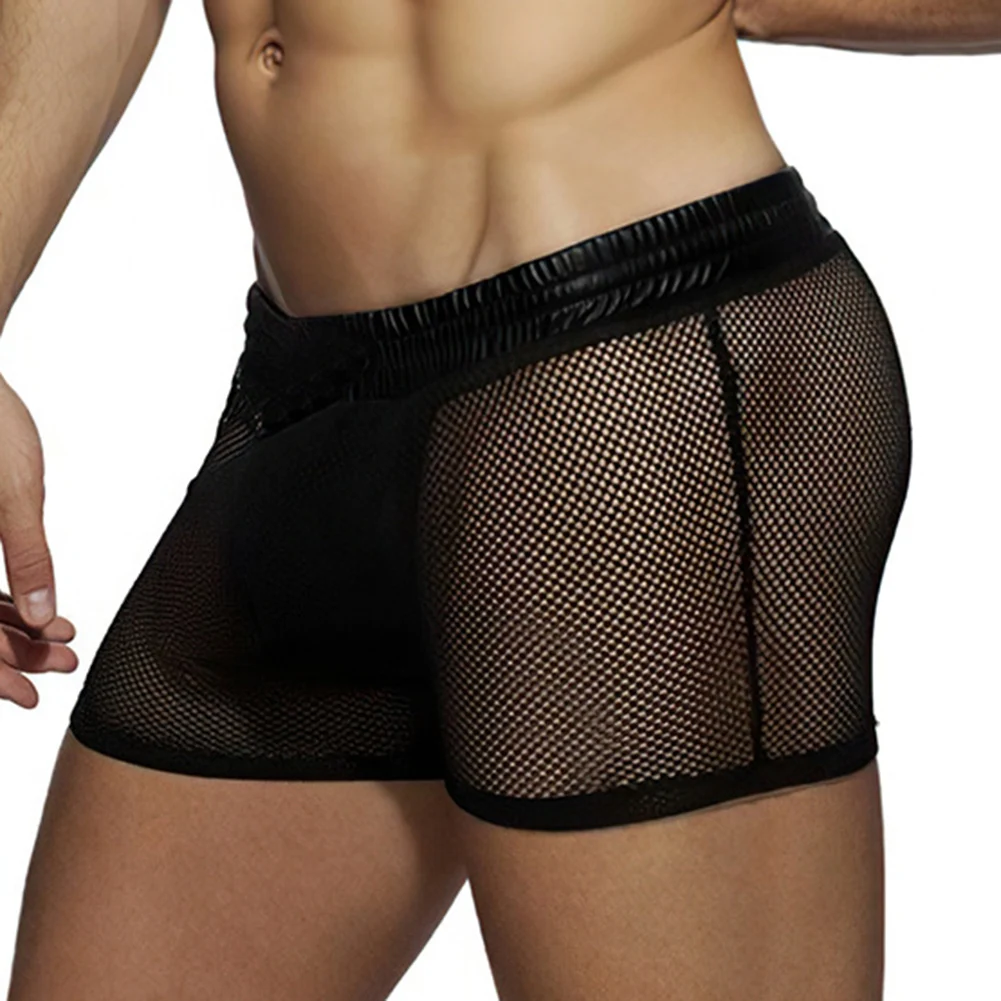 

Men Mesh See Through Lingerie Elastic Waist Boxers Thin Breathable Trunk U Convex Pouch Briefs Home Shorts Male Sexy Panties