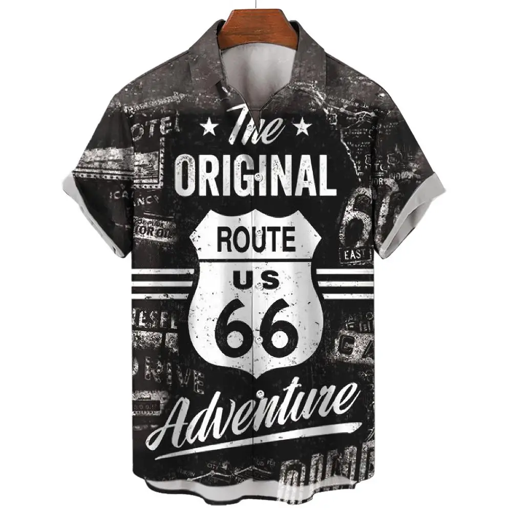 Vintage Men's Shirts Route 66 Classic Cars Tees 3d Print Short Sleeve Top Summer Clothes Route 66 Pattern Blouse Oversized Shirt