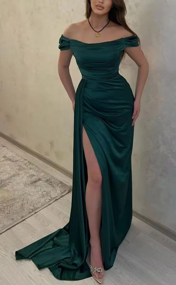 Mermaid Evening Dresses Long Slim Satin Pleats Off Shoulder Scoop Neckline with Slit Foral Party Prom Gowns Special Occasion