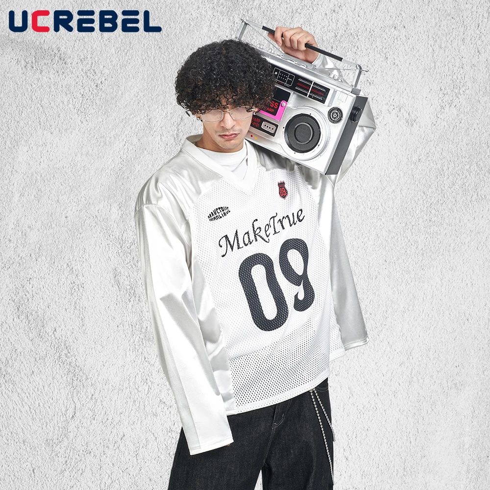 

Letter Double-sided Printed Mesh T-shirt Mens Hip Hop Streetwear Loose V-neck Spliced Long Sleeve Tee Man