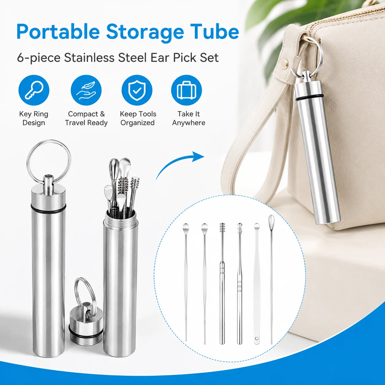 6PCS Reusable Ear Wax Cleaner Set Metal Ear Spoon Kit Anti Slip Handle Ear Pick Tools With Case For Bathroom Travel Hygiene