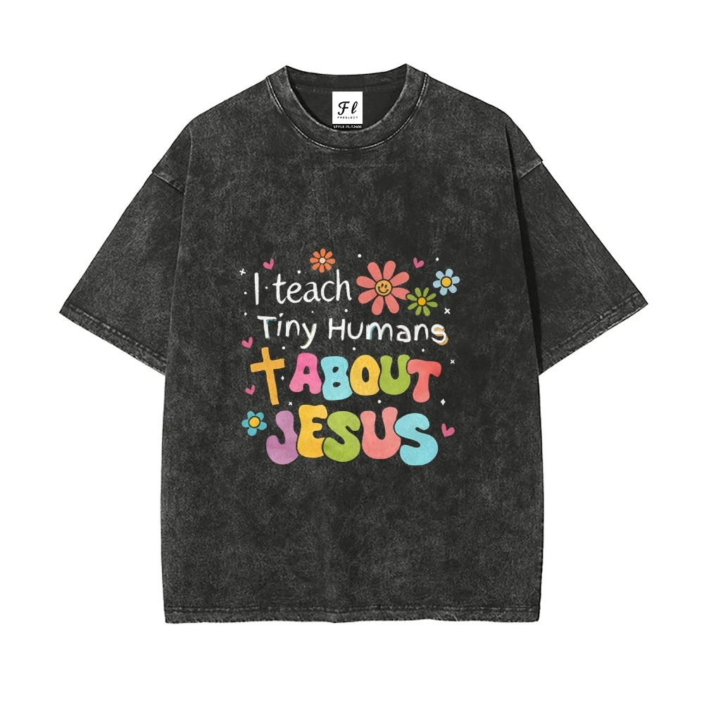 Teach Jesus Tee Distressed Kleurrijke Bloemen Slogan Print Casual Losse Korte Mouwen Zomer Evangelische Comfortabele Top