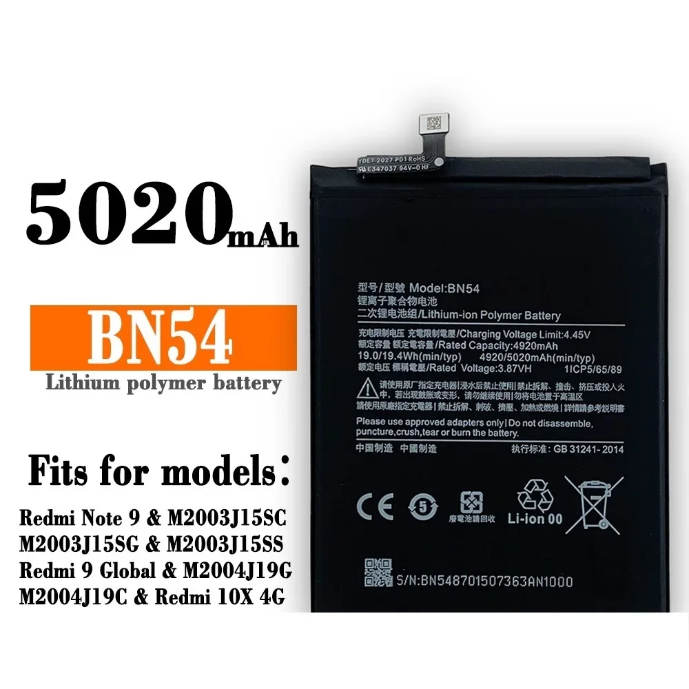 

Phone Battery BN54 For XIAOMI Redmi Note 9 10X 4G POCO M2 9 Prime BN54 5020mAh 3.85V Lithium-ion New Batteries + Tools