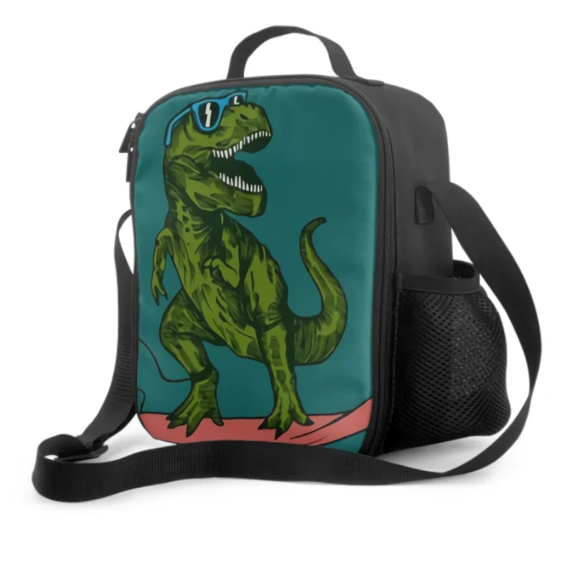 Happy Dinosaur Surfer Wearing Sunglasses Drawing Insulated Lunch Bag for School Work Picnic Tote Lunch Box Containers for Kids