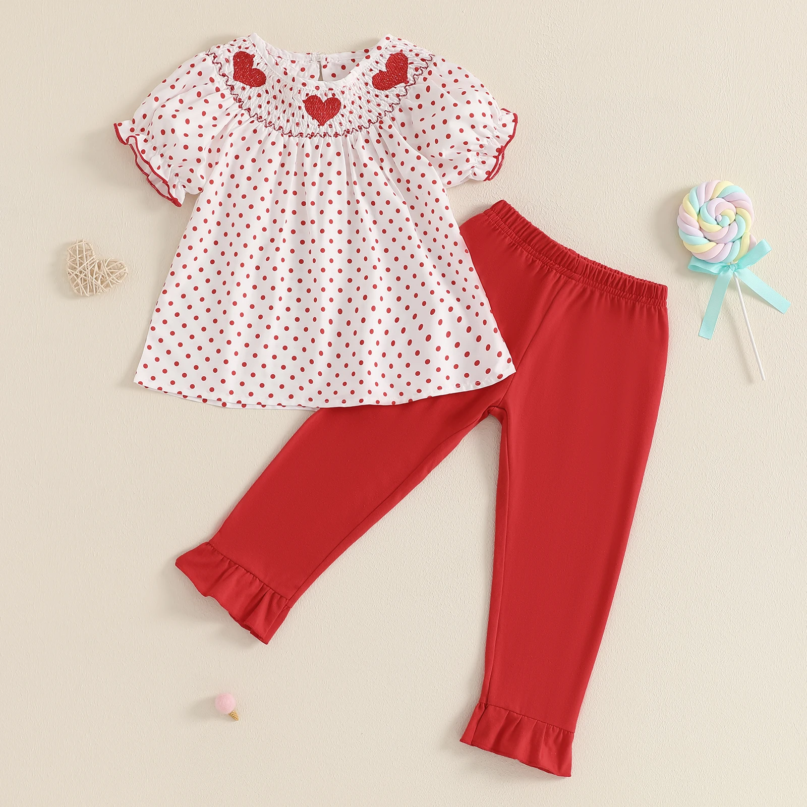 3-7Y Sweety Kid Girls Pants Set Short Sleeve Dots Print Embroidery Heart shirt with Pants Girls Valentines Day Clothes Set