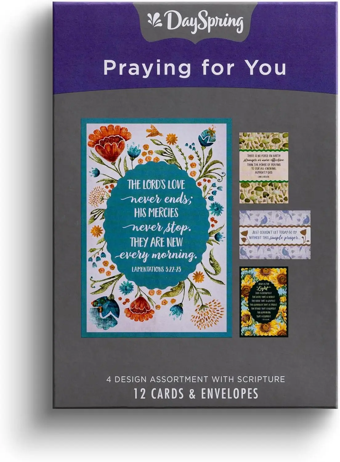 

- The Lord's Love Never Ends - 4 Floral Desgin Assortment with Scripture - 12 Boxed Praying for You Cards & Envelopes (J9176