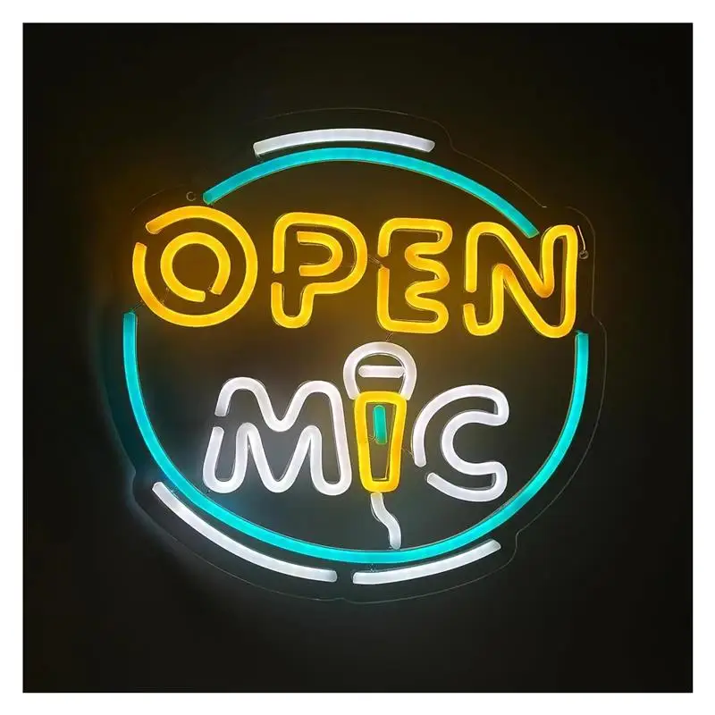 Open Mic Neon Sign Light Dimmable USB Powered For Recreation Room Game Party Bar Pub Club Music Studio Decor 32cmx33.5cm