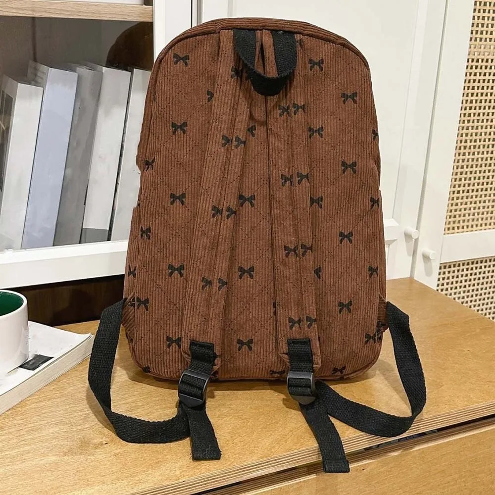Daypack Corduroy Bow Backpack Casual Contrast Color Students School Bag Durable Scratch Prevention Large Capacity Backpack