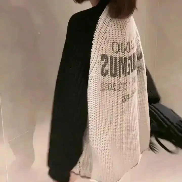 Design Color Matching Hollow Round Neck Long Sleeve Letter Print Patchwork Ribbed Basic T-Shirt Chic Chain Tees Female Casual