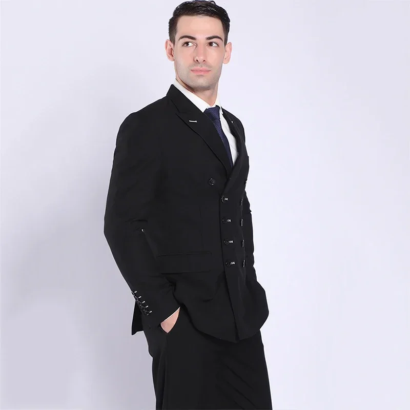 Shenrun Fashion Men Suits Black Navy Blue Double Breasted Suit Jacket Pant Slim Fit Casual Blazers Business Party Formal Costume