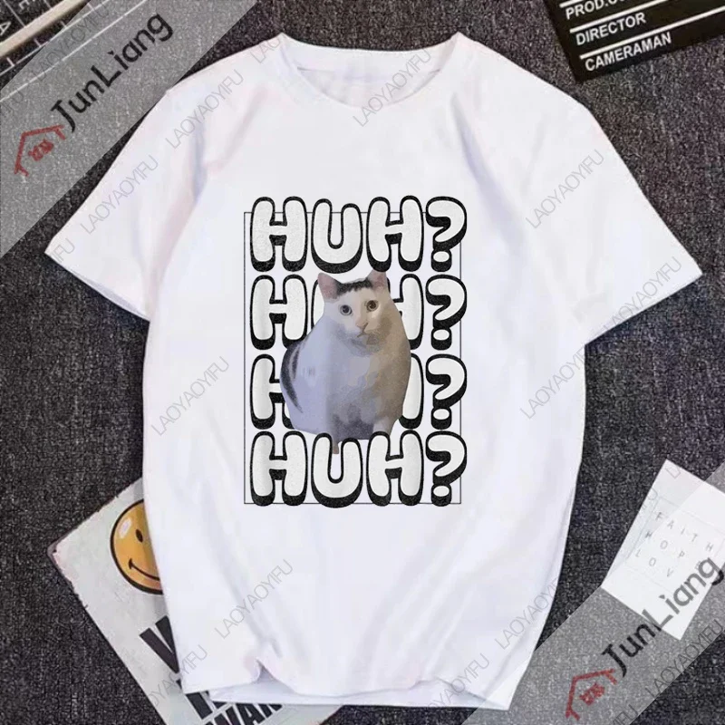 Huh Cat Meme Men's T-shirts Hip Hop Streetwear Cute Cats Humor Y2k Manga Women's T-shirt Short Sleeve Tee Funny Gifts Clothing