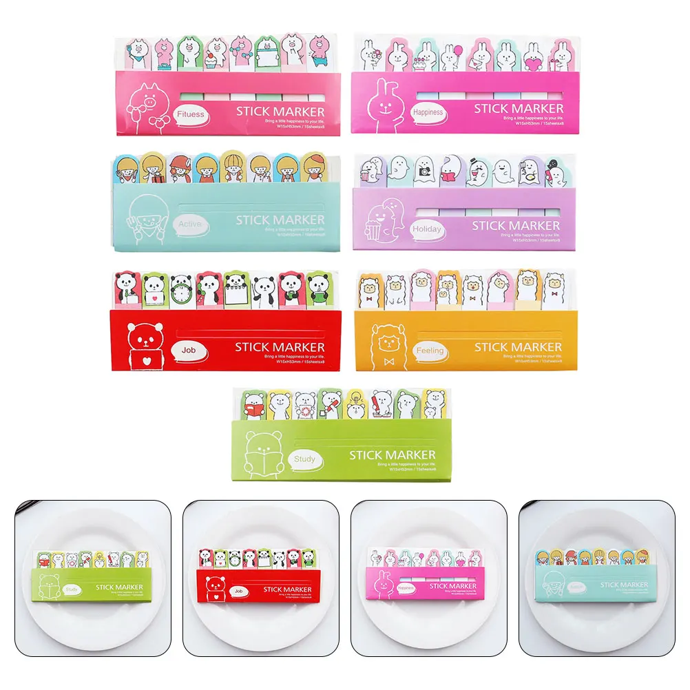 

7pcs Cartoon For Students Tabs Index Label Pad Notepads Adorable Memo Stickers Flags Paper Note Labels Book Time