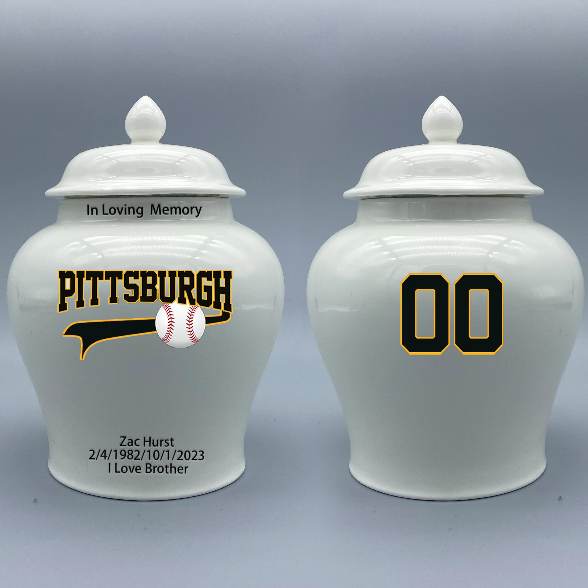 

Medium Urn for Pittsburgh Pirates-themed Logo Urn.Please send me the customize information-name/date and number on the urn