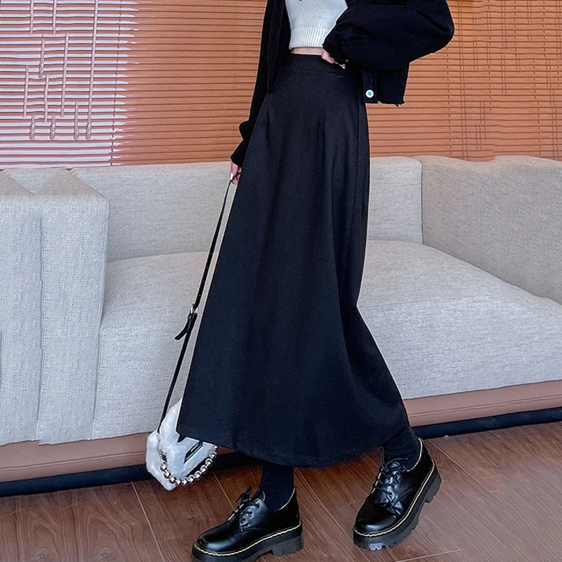 Fashion Woolen A Line Long Skirts Women Elegant Solid Color High Waist Midi Skirt Woman 2025 Elastic Waisted Split Skrits Ladies