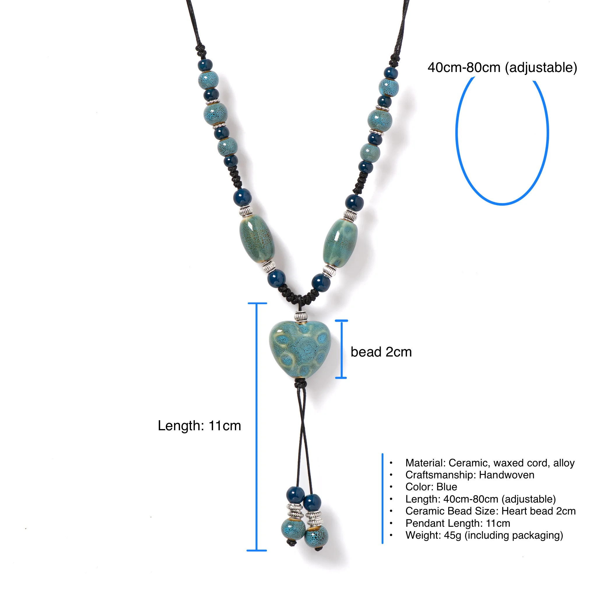 Blue Heart Ceramic Necklace Handmade Pendant Boho Adjustable Long Necklace for Women 111