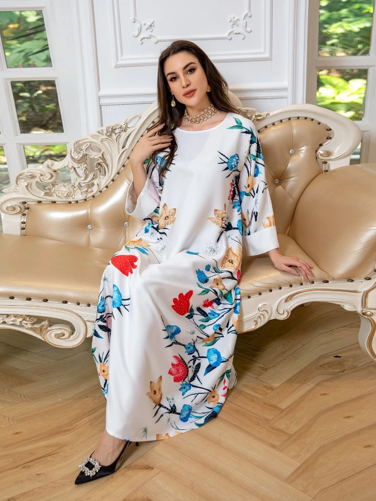 Vestido largo musulmán Eid para mujer, Jalabiya Abaya con cuentas de Marruecos, caftán de Ramadán, estampado Abaya de Dubái, 2024