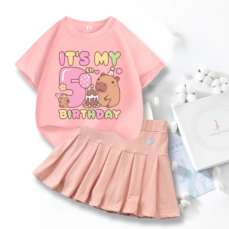 Capibara 2pcs T-shirt Skirt Suit for Girls Cartoon Number Printed Dress Short-sleeved Top Set Children Summer Fashion Clothes