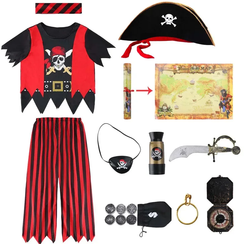 Sky01 Kids Boys Pirate Carnival Purim Costume Children Pirate Dress Up Completed Set Cosplay Costumes Pirate Captain AccessWd01@