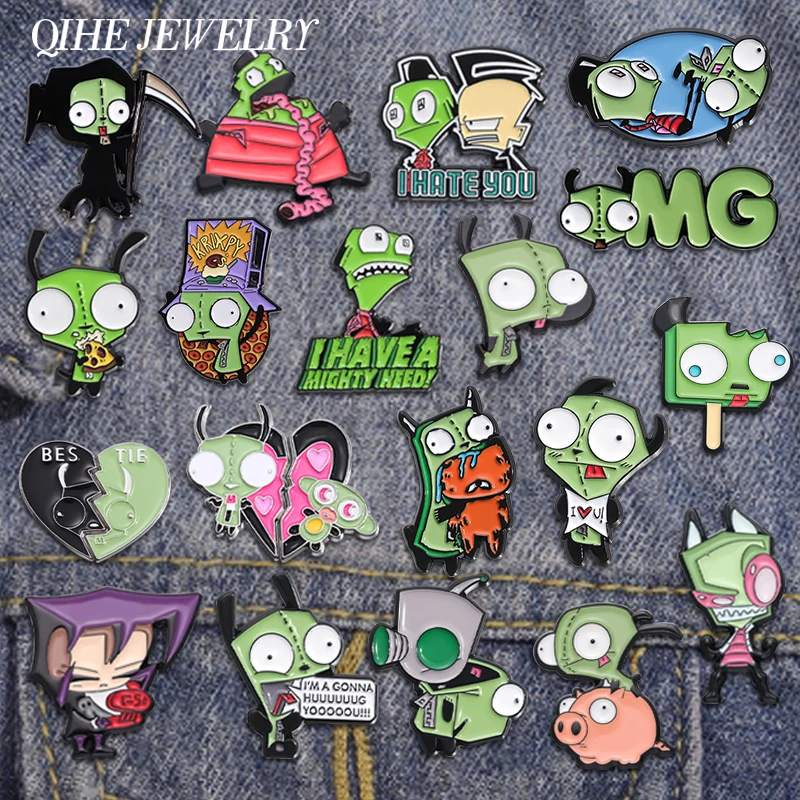 

Invader ZIM Enamel Pin Cartoon Animated Movies Alien Metal Brooches Lapel Backpack Badges Funny Jewelry Gift for Kids Friends