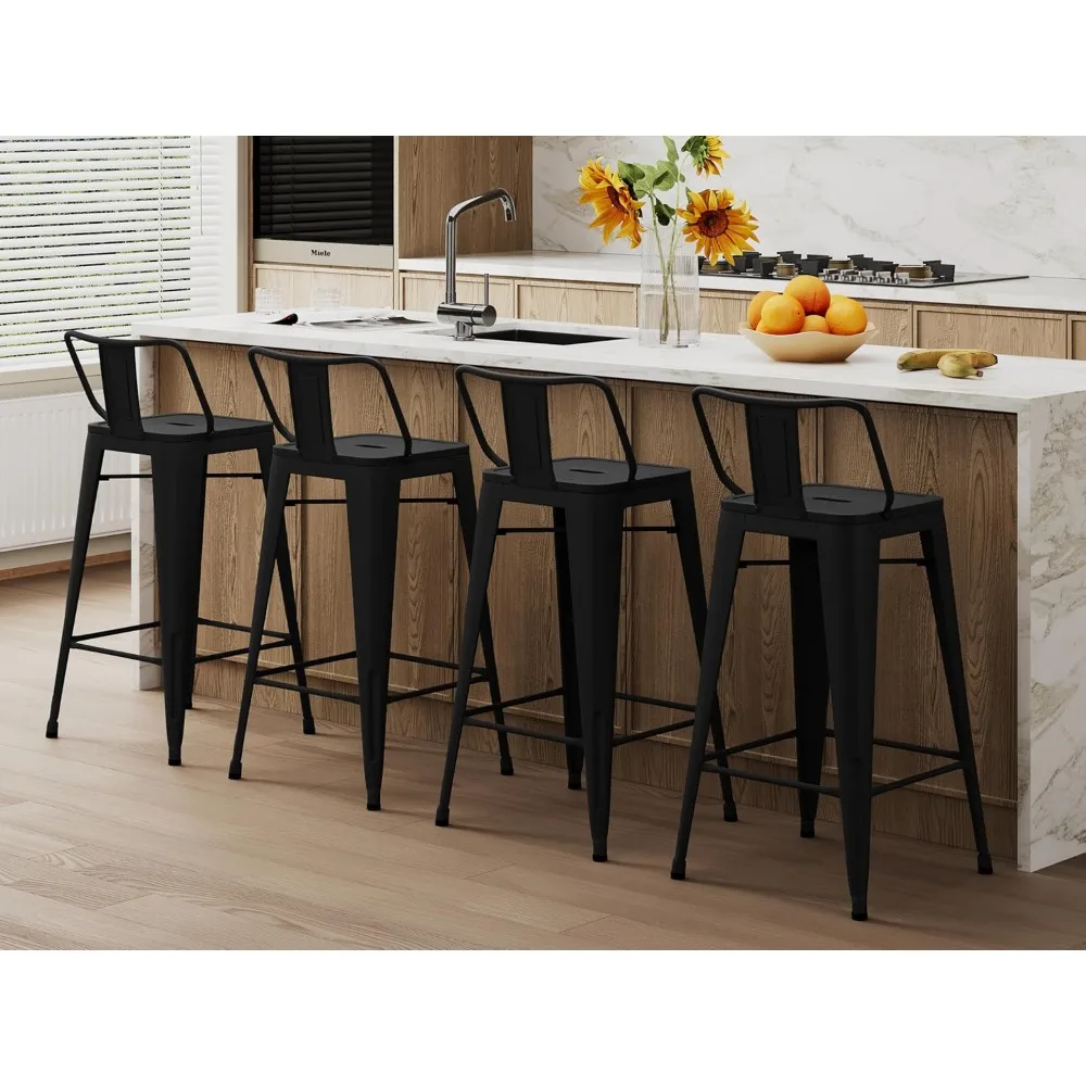 Juego de 4 taburetes de bar de metal de estilo industrial con soporte en X, negro mate, 30 pulgadas