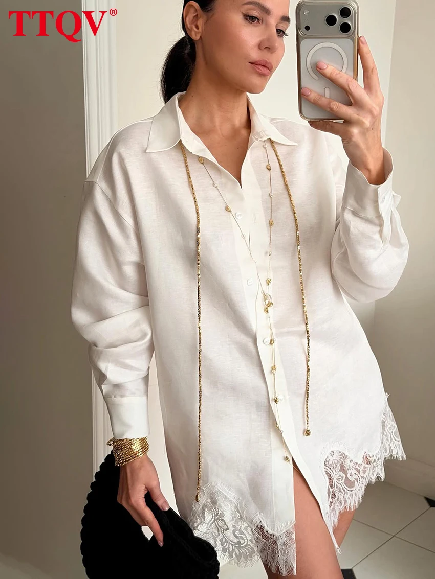 

TTQV Fashion Loose Beige Cotton Women's Shirt 2026 Spring Lapel Long Sleeve Blouse Elegant Lace Spliced Top Female Clothing