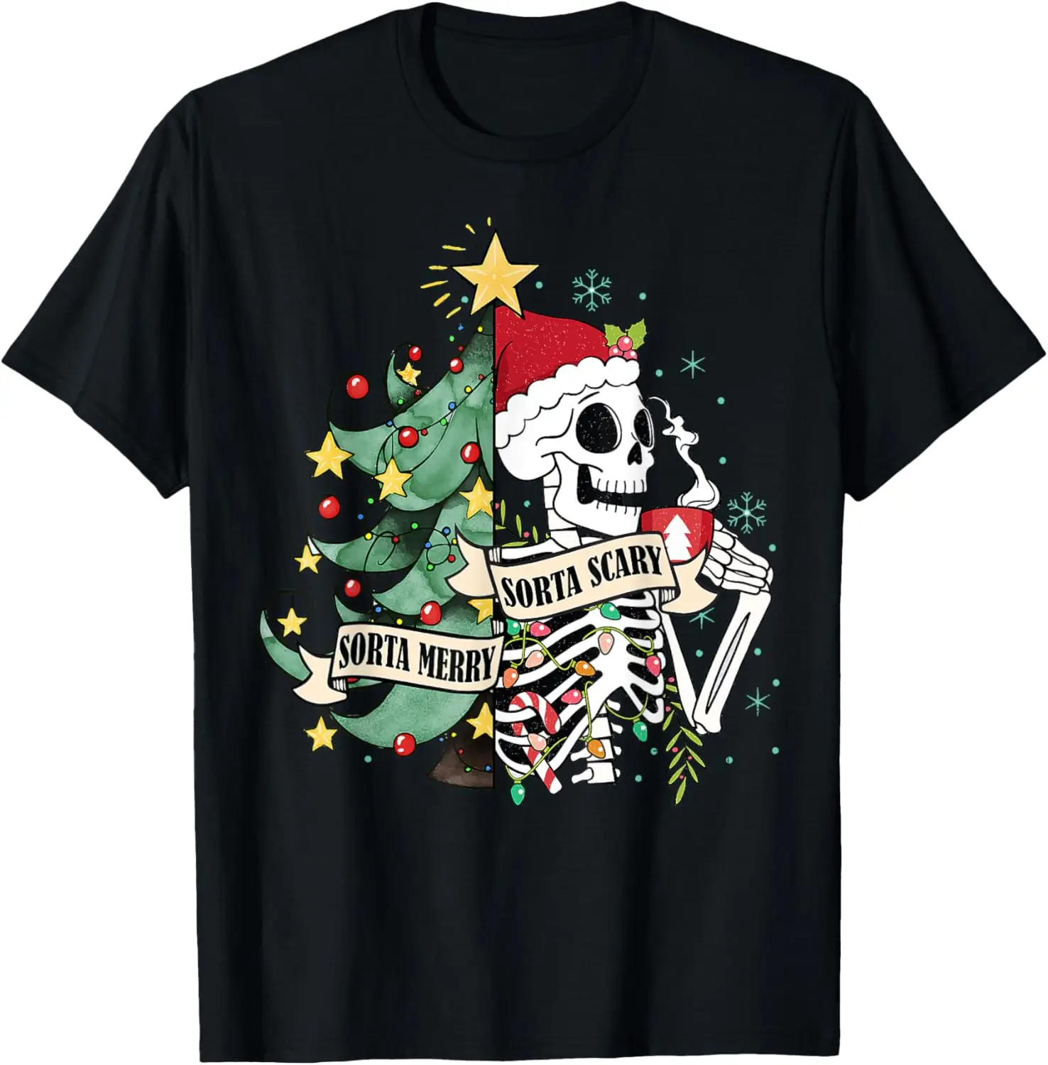

Funny Christmas Skeleton Sorta Merry Sorta Scary Feral Xmas T-Shirt