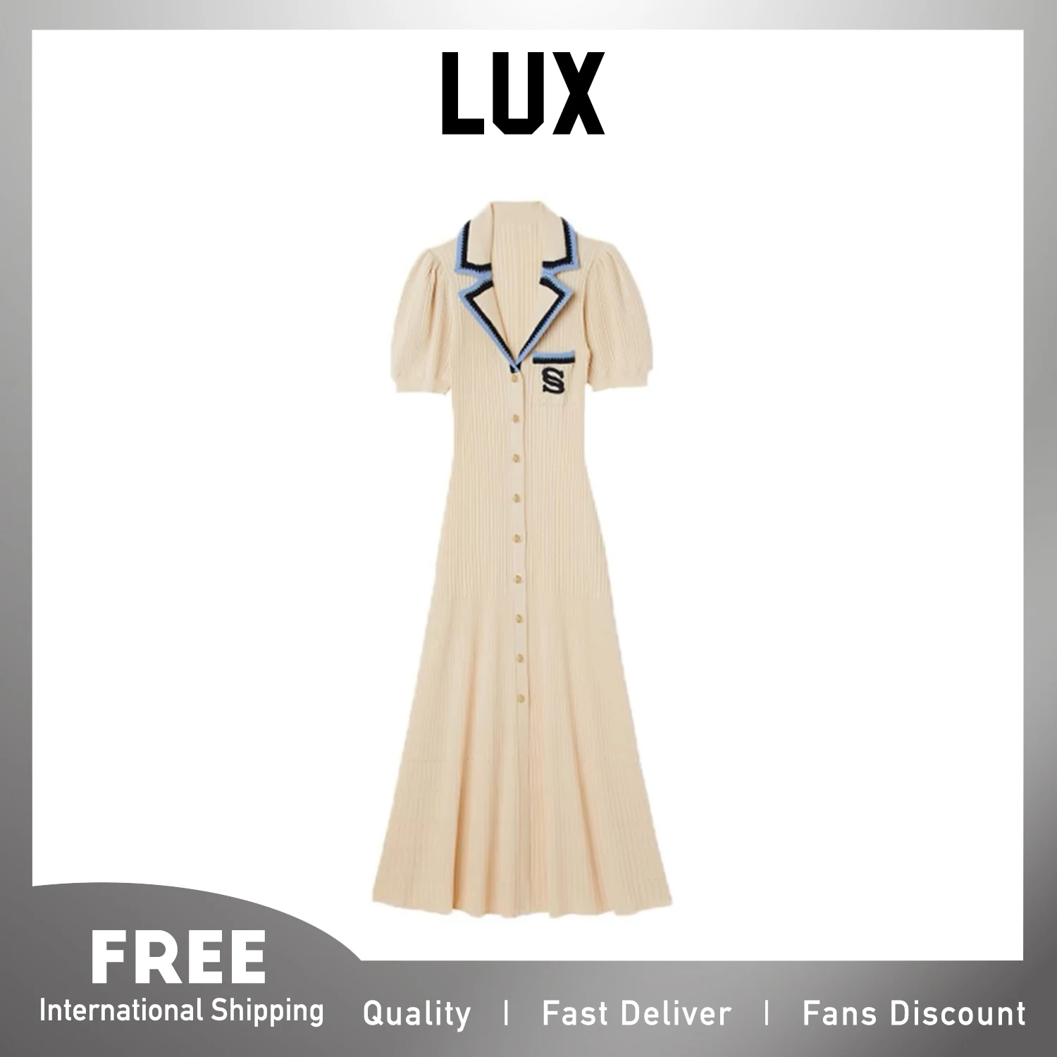 LUX Dress panjang rajut wanita, pakaian gaya trendi Perancis Paris, desain minimum klasik sulaman