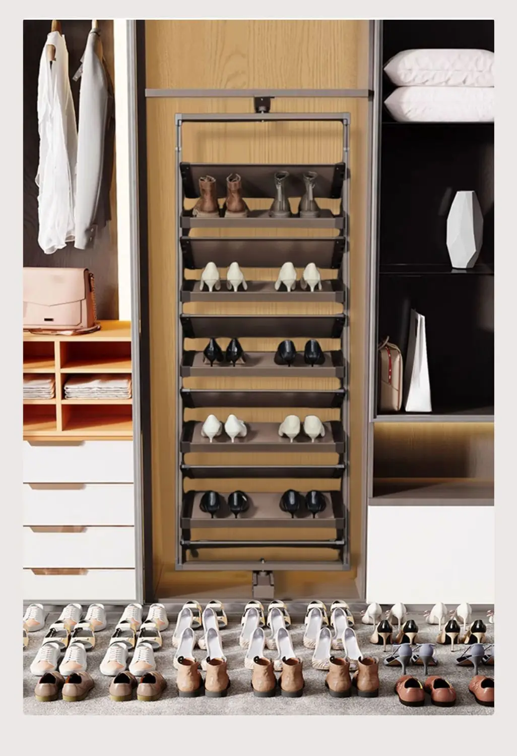 Hxl rotating shoe rack for cabinets - pull-out, height-adjustable, built-in shoe organizer